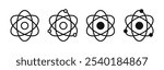 Atom icons set. Scientific, nucleus, proton, neutron, electron, core value. Vector illustration.