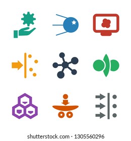 atom icons. Trendy 9 atom icons. Contain icons such as atom move, chemical structure, fusion, on display, core, in hand. icon for web and mobile.