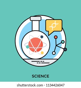 An atom inside glass flask with other science elements to define science 