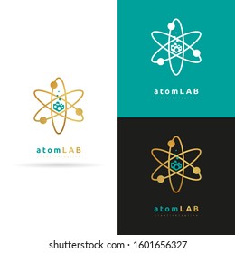 Atom Lab vector logo template. Unique atom and science laboratory element.