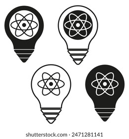 Atom light bulb icons. Science and energy concept. Simple line art. Vector illustration.
