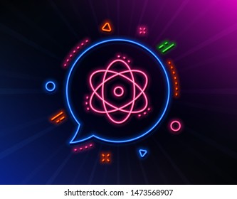 Atom line icon. Neon laser lights. Energy sign. Chemical element symbol. Glow laser speech bubble. Neon lights chat bubble. Banner badge with atom icon. Vector