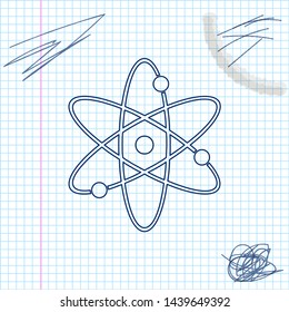 Atom line sketch icon isolated on white background. Symbol of science, education, nuclear physics, scientific research. Electrons and protonssign. Vector Illustration