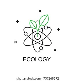 Logo de Atom diseñado con hoja. Concepto creativo de investigación ecológica. Icono moderno de línea delgada diseñado ilustración vectorial.Trazo editable.