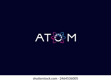 Atom Logo, letter O with atom icon combination  in text Atom typography logo, vector illustration