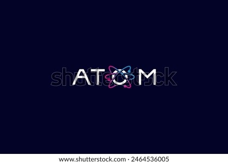 Atom Logo, letter O with atom icon combination  in text Atom typography logo, vector illustration