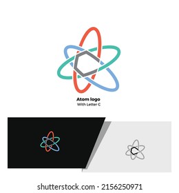 atom logo made of compounding circle and reveal initial C at middle