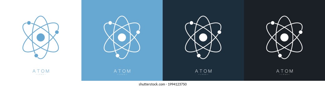 Atom logos set isolated on white background. Structure of the nucleus of the atom. Around the atom, gamma waves, protons, neutrons and electrons. Vector illustration
