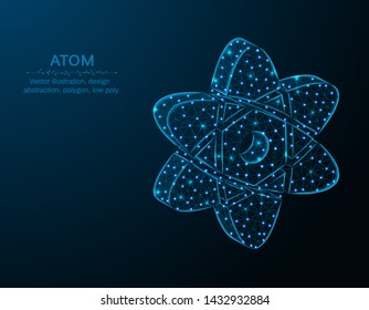 Atom low poly design, Science abstract geometric image, chemistry and physics wireframe mesh polygonal vector illustration made from points and lines on dark blue background