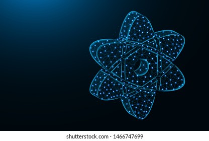 Atom low poly design, Science abstract geometric image, chemistry and physics wireframe mesh polygonal vector illustration made from points and lines on dark blue background