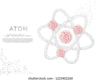 Atom. Low poly wireframe illustration. Vector polygonal image, consisting of points, lines, and shapes in the form of stars, triangles with destructing shapes on white background