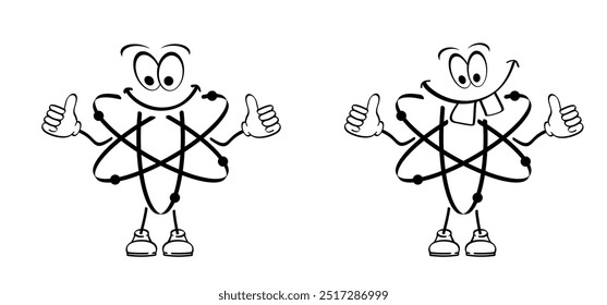 Molécula de mascote de átomo. Símbolo de ciência. Energia nuclear, pesquisa científica e química molecular. Estrutura atômica, fórmula - elétron, próton, nêutron, partícula elementar o núcleo de um átomo.