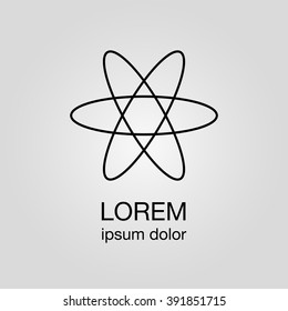 Atom minimal logo concept, black logotype design template on light grey background