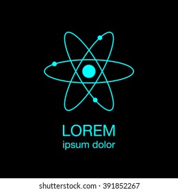 Atom minimal logo concept, blue logotype design template on black background