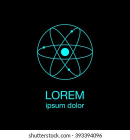 Atom minimal logo concept, blue logotype design template on black background