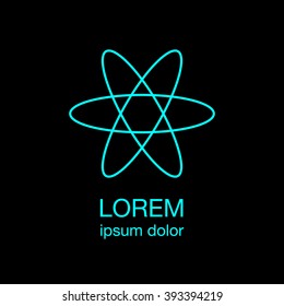 Atom minimal logo concept, blue logotype design template on black background