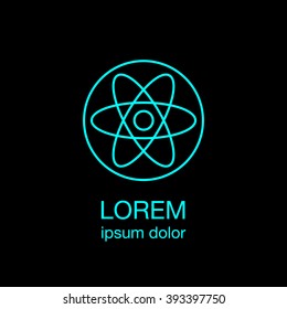 Atom minimal logo concept, blue logotype design template on black background