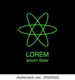 Atom minimal logo concept, green logotype design template on black background