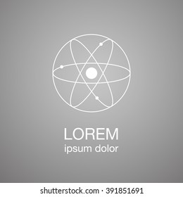 Atom minimal logo concept, white logotype design template on gray background