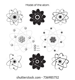 Atom model collection. Structure of the atom icon set. Outline vector illustration isolated on white background.