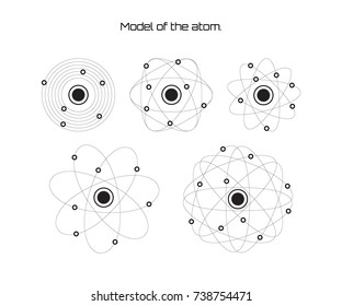 Atom model collection. Structure of the atom icon set. Outline vector illustration isolated on white background.