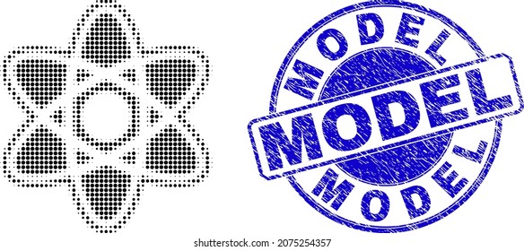 Atom model halftone dotted icon with Model watermark. Blue vector rounded scratched seal with Model title inside circle shape. Halftone atom model icon pattern contains circle points.