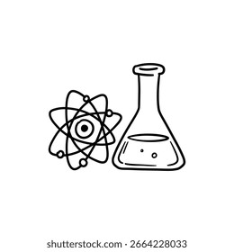 Modelo de átomo junto a la sonda de ensayo que representa la Ciencia y la investigación de laboratorio