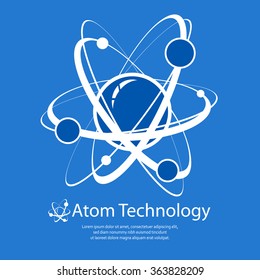 Atom model on blue & text, technology flat vector illustration