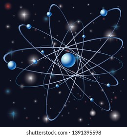 Atom model on cosmic background. The nucleus of an atom and the orbits of electrons against the background of stars and nebulae. Vector illustration