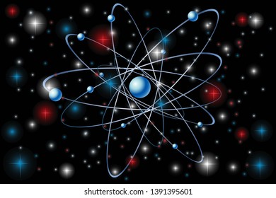 Atom model on cosmic background. The nucleus of an atom and the orbits of electrons against the background of stars and nebulae. Vector illustration