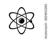Atom model science icon. Black and white minimalist atomic structure vector illustration representing physics, chemistry, and nuclear energy.
