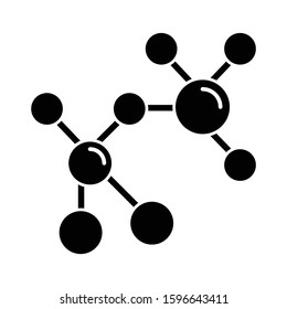 Atom modeling glyph icon. Crystal structure visualization. Molecular ball and stick model. Organic chemistry elements. Silhouette symbol. Negative space. Vector isolated illustration