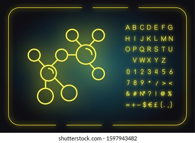Atom modeling neon light icon. Crystal structure. Molecular ball and stick model. Organic chemistry elements. Glowing sign with alphabet, numbers and symbols. Vector isolated illustration