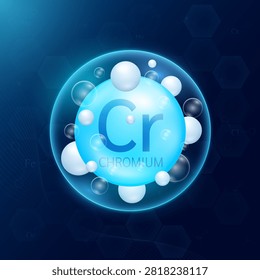 Atom molecular model of chromium minerals blue inside a transparent bubble on dark background. Essential supplement health. Science medical concept. Vector EPS10 illustration.