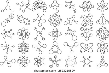 Atom, Molecule, electron, proton, or neutron chemistry icon set for logo and T-Shirt. Thin Line Editable stroke.