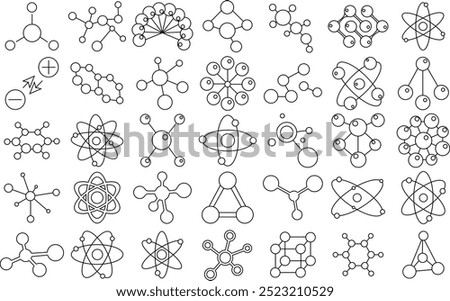 Atom, Molecule, electron, proton, or neutron chemistry icon set for logo and T-Shirt. Thin Line Editable stroke.