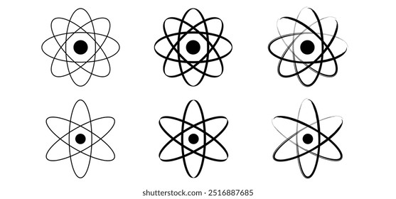 Ícone da molécula de átomo. Símbolo de ciência. Energia nuclear, pesquisa científica e química molecular. Estrutura atômica, fórmula - elétron, próton, nêutron, partícula elementar o núcleo de um átomo. 