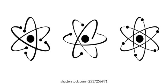 Ícone da molécula de átomo. Símbolo de ciência. Energia nuclear, pesquisa científica e química molecular. Estrutura atômica, fórmula - elétron, próton, nêutron, partícula elementar o núcleo de um átomo. 