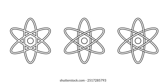 Ícone da molécula de átomo. Símbolo de ciência. Energia nuclear, pesquisa científica e química molecular. Estrutura atômica, fórmula - elétron, próton, nêutron, partícula elementar o núcleo de um átomo. 