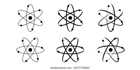 Ícone da molécula de átomo. Símbolo de ciência. Energia nuclear, pesquisa científica e química molecular. Estrutura atômica, fórmula - elétron, próton, nêutron, partícula elementar o núcleo de um átomo. 