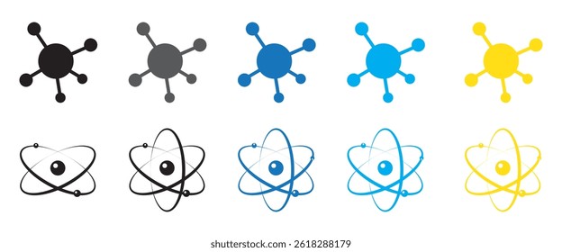 Ícone da molécula de átomo. Símbolo de ciência. Energia nuclear, pesquisa científica e química molecular. Estrutura atômica, fórmula - elétron, próton, nêutron, partícula elementar o núcleo de um átomo.