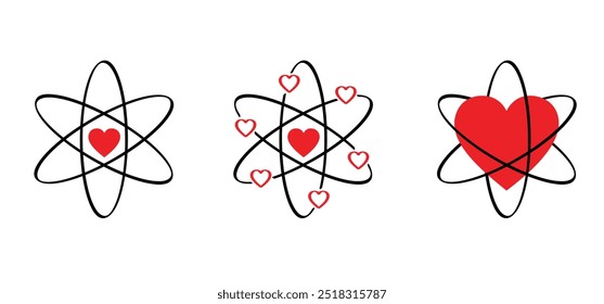 Molécula de átomo com amor, ícone do coração. Energia nuclear, pesquisa científica e química molecular. Estrutura atômica, fórmula - elétron, próton, nêutron, partícula elementar o núcleo de um átomo. 