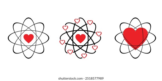 Molécula del átomo con el amor, icono del corazón. Energía nuclear, investigación científica y química molecular. Estructura atómica, fórmula - electrón, protón, neutrón, partícula elemental en el núcleo de un átomo. 