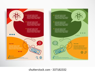 Atom molecule on abstract brochure design. Set of corporate business stationery templates. Modern back and front flyer backgrounds.