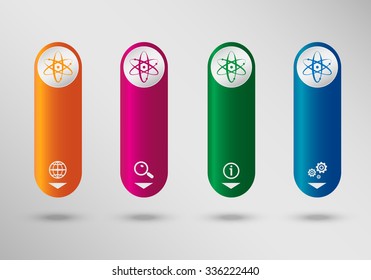Atom molecule on vertical infographic design template, can be used for workflow layout, web design