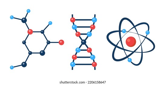 Atom, molecule of organic substance, fragment of DNA chain. Set of scientific icons. Chemical Research. Scientific experiment concept. Vector illustration