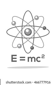 Atom. Molecule. Physics. Symbol. Formula.  E = mc2. Monochrome icon. Vector illustration isolated on white background