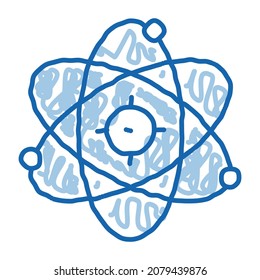 Skizzensymbol des Atommoleküls, Vektorgrafik. Handgezeichnetes, blaues Atom-Molekül-Zeichen der doodle-Linie. einzelne Symbolillustration