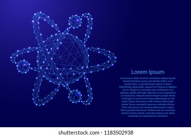 atom molecule with trajectories icon-illustration symbol chemistry physics science symbol from futuristic polygonal blue lines and glowing stars for banner, poster, greeting card. Vector illustration.