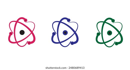 Atom molecule vector icon. Molecular science, set of electron and neutron for scientific research with three color